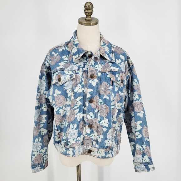 Vintage Floral Print Denim Jacket Button Up Blue Jean Large Judy - Picture 1 of 9